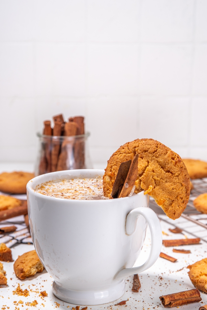 Snickerdoodle latte coffee, with whipped cream, spices, cinnamon and Snickerdoodle cookies crumble topping